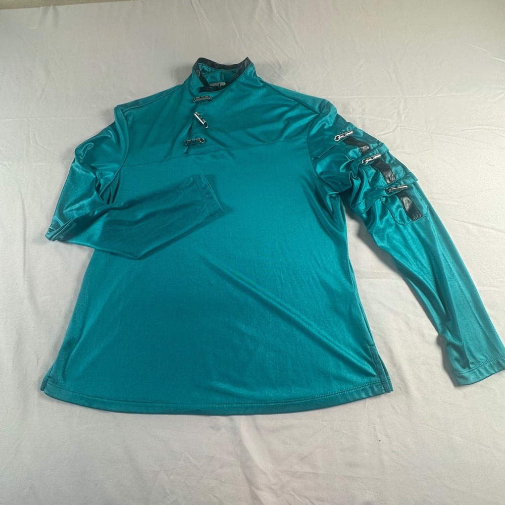 Futuristic Teal Shimmer Long Sleeve Top Toggle Neck Utility Sleeve Detail Large